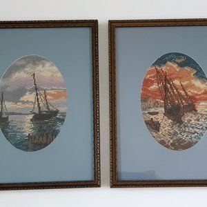 VTG Antique Sail Boats Needlepoint 2 Pictures Framed 14.25" X 11.25" Nautical